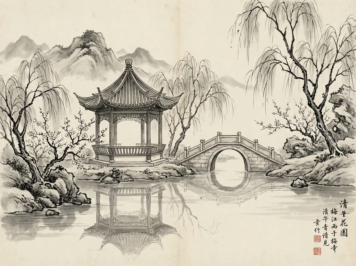 赌博平台金沙国际东方园林水墨画展示亭台与石桥