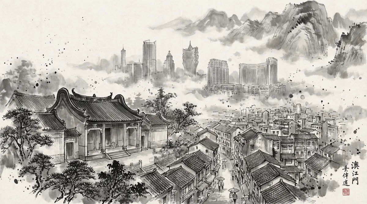 赌博平台水墨国风全景画卷展现澳门古老街巷与现代酒店建筑群