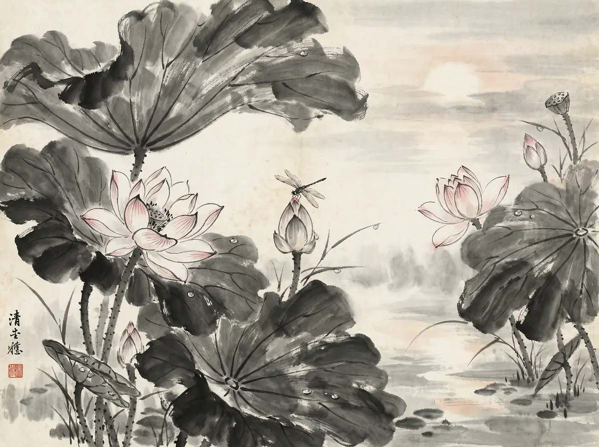 赌博平台莲花池水墨画展示东方哲学意境