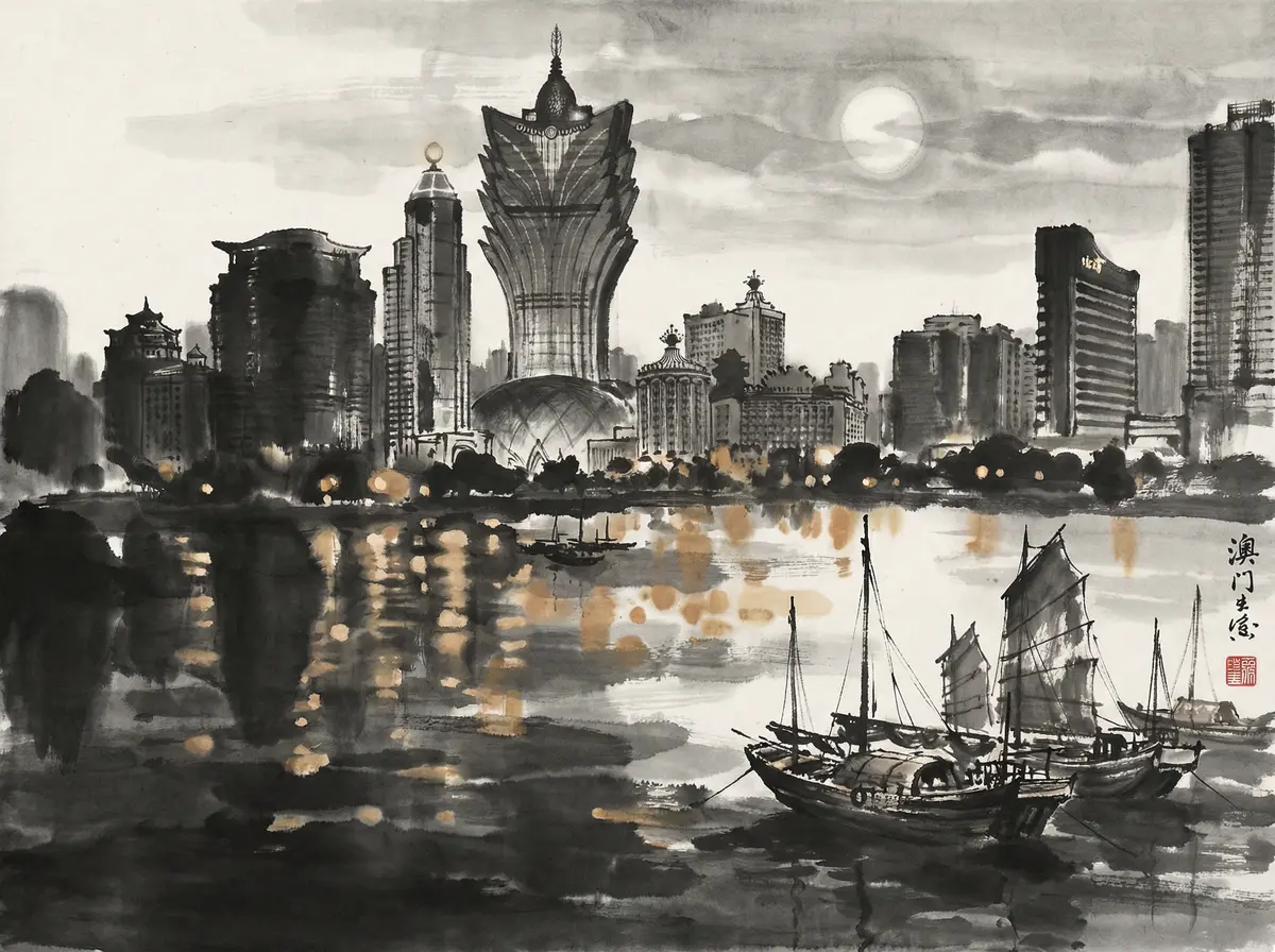 赌博平台澳门夜景水墨画展示新葡京与城市天际线
