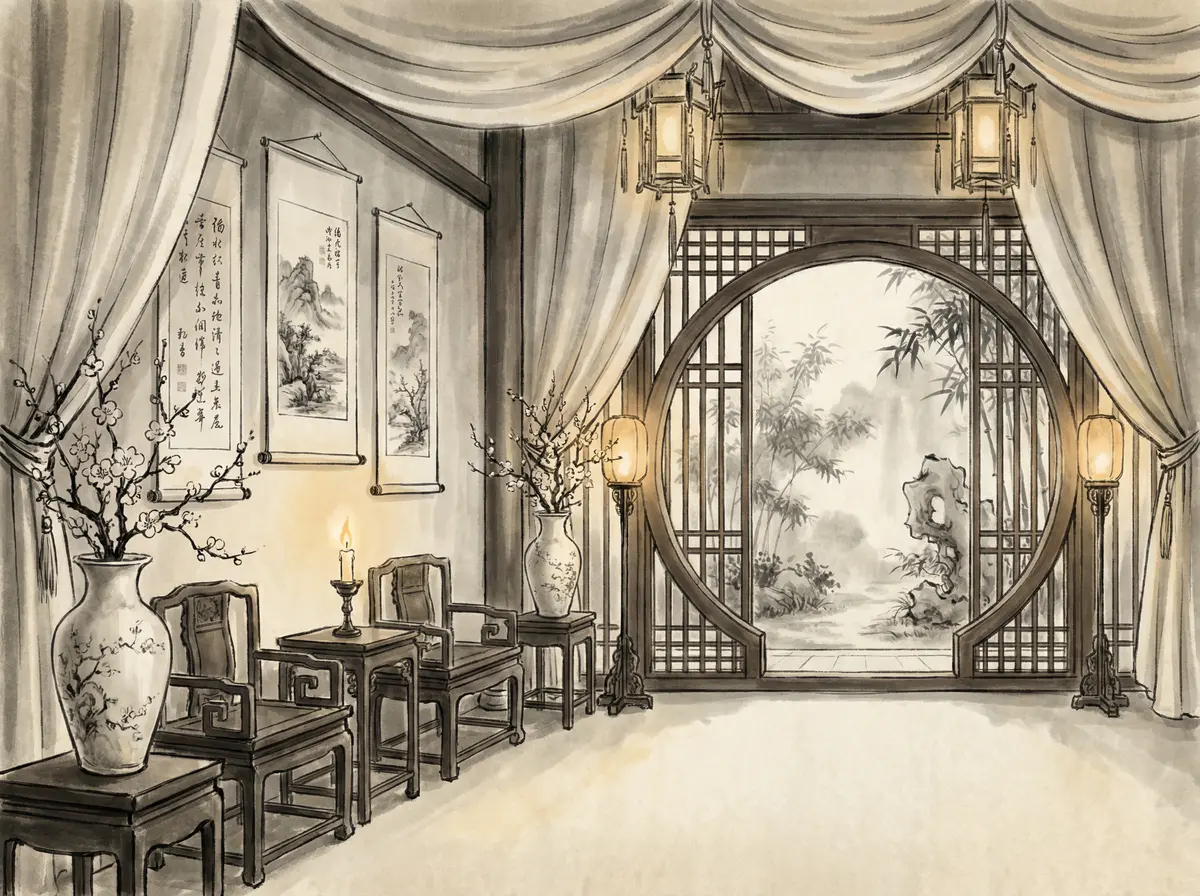 赌博平台新葡京酒店内部东方美学装饰水墨画