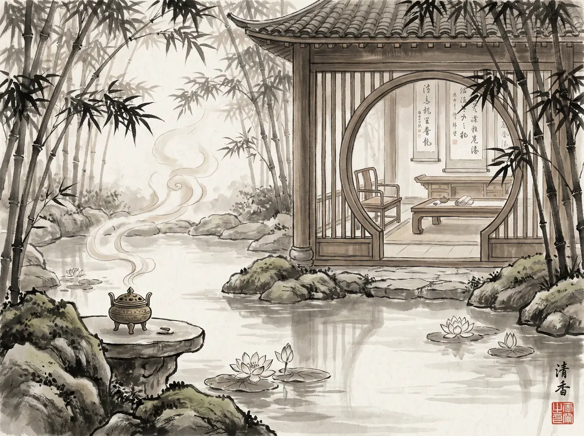 赌博平台水墨养生阁温泉池与竹林环绕的东方水疗中心