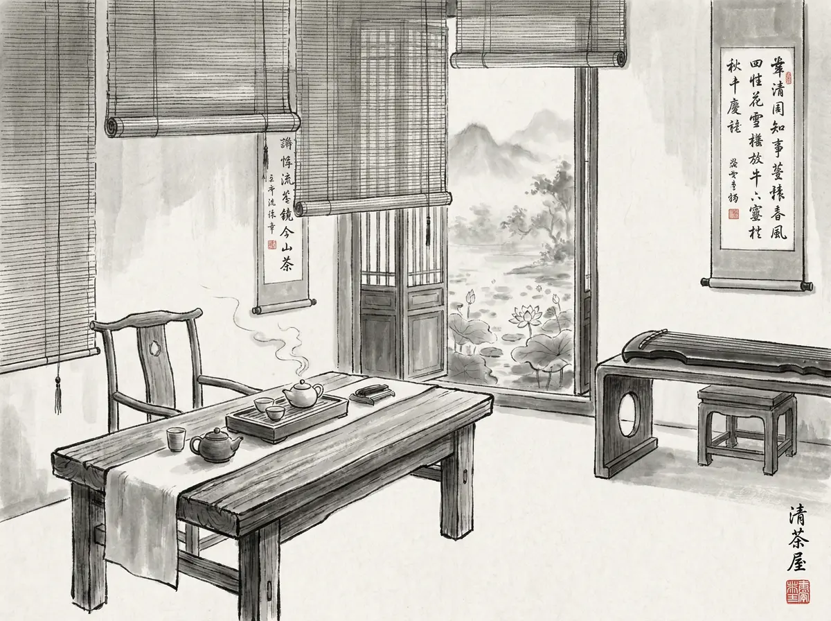 赌博平台茶室水墨画展示博弈之后的宁静时光