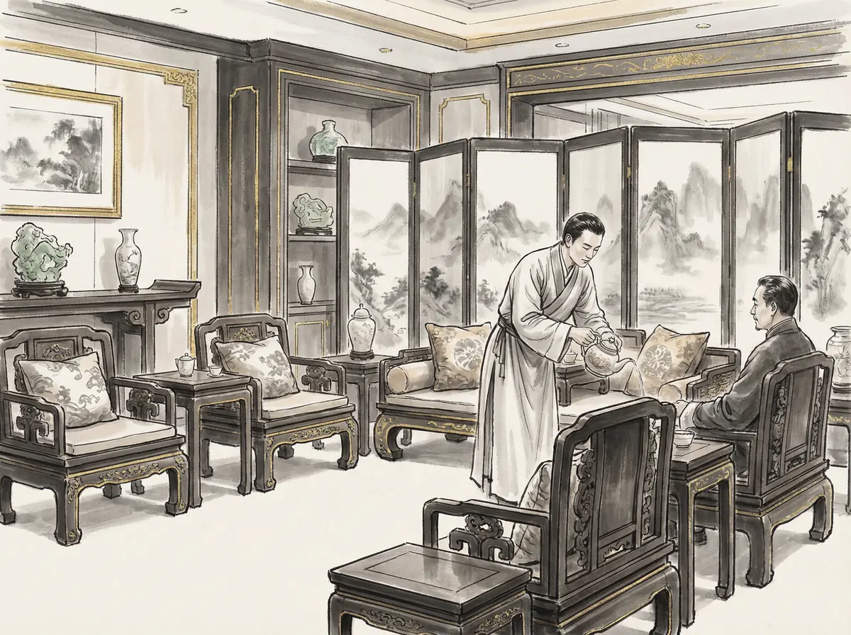 赌博平台VIP贵宾厅水墨画展示奢华博弈空间